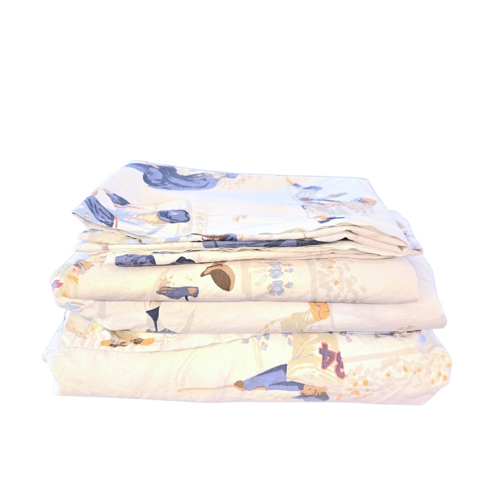 Pottery Barn Kids Vintage Baseball Print Full Sheet Set 4pc White Organic Cotton